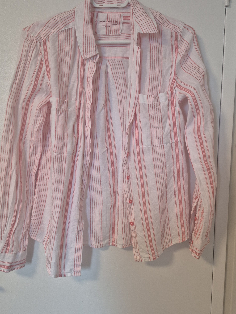 ​Essentials Collection 100% Linen Striped Button Down Shirt - Coral Pink & White